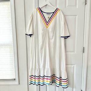 Kittens USA Cotton White Colorful Ribbon Trim V Neck Trapeze Dress 2X Ric Rac